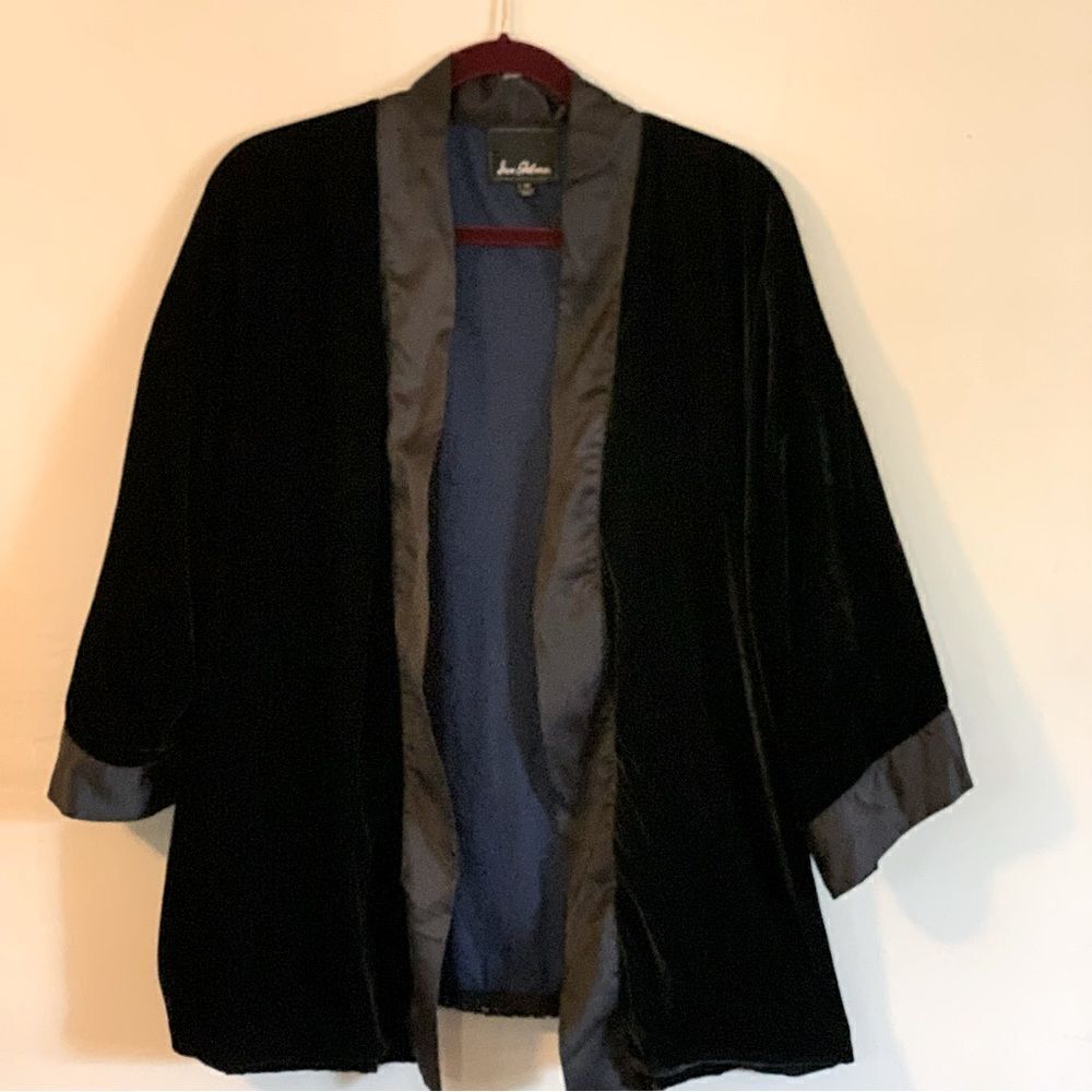 Sam Edelman Kimono Jacket Black Velvet Dark Gray Trim Blue Lining Sz Medium
